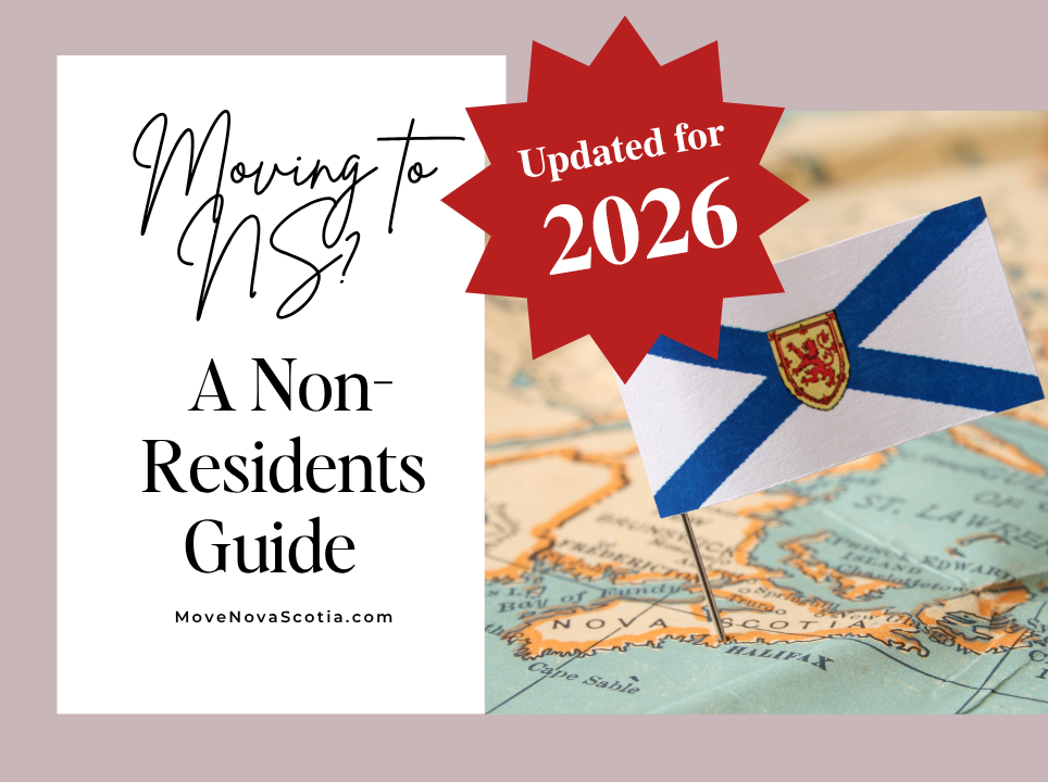 Moving to NS? A Non-Residents Guide, updated for 2026: a Nova Scotia flag pinned on a map